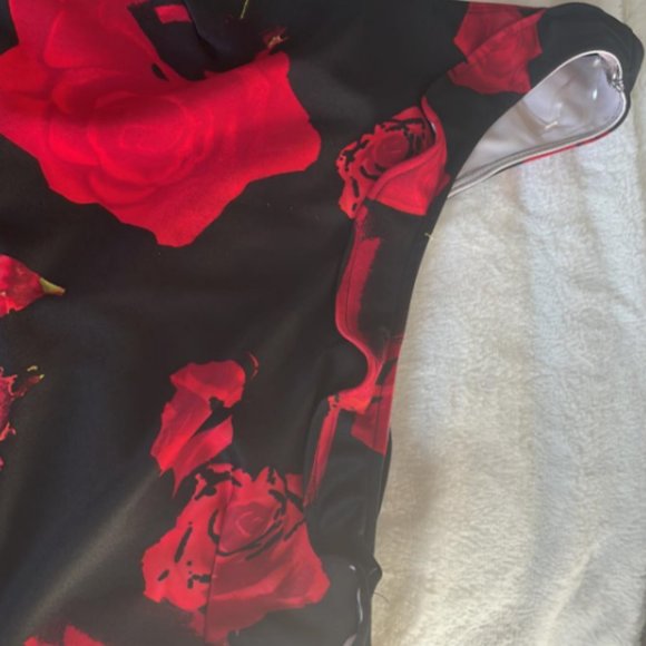 Sexy Red Rose Print One Shoulder Midi CAMEO Evening Party Bodycon Dress Size M - Picture 4 of 6